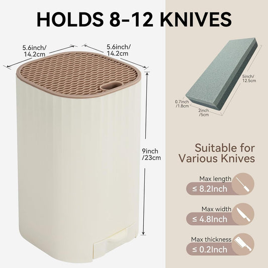Knife Block Without Knives with Sharpening Stone Large Volume with Scissors Slot Knife Holder Qoosea Easy Cleaning Detachable Knife Storage Space Saver for Kitchen White