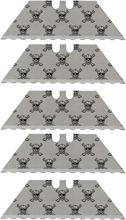 NDZ Performance Serrated Steel Blade Replacement for Utility Knife & Box Cutters, Custom Double Sided Laser Engraved Designs, Silver - Skull - 3 Pack