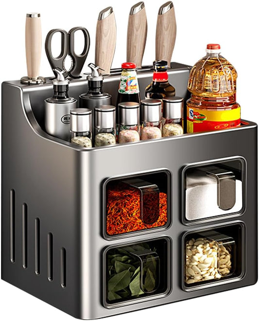 Multifunctional Spice Rack Organizer Wall Mounted with Knife Holder Kitchen Hanging Seasoning Jar Organization (8 Boxes)