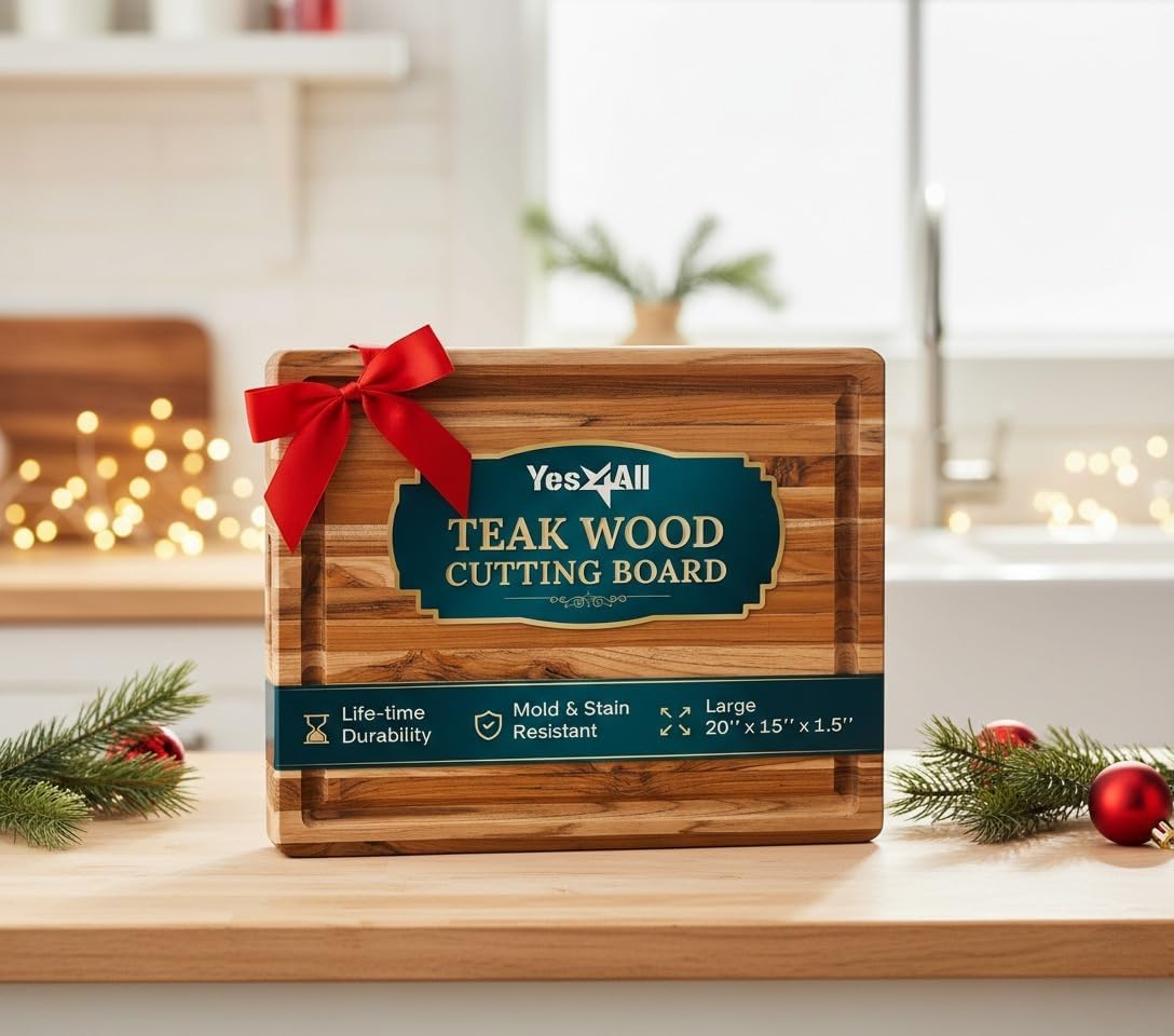 Yes4All Durable Acacia Cutting Boards for Kitchen, [17''Lx13''Wx1.5” Thick] Medium Edge Grain Cutting Board, Pre Oiled Wood Cutting Boards, Thick Chopping Board w/Juice Grooves and Easy Grip Handle