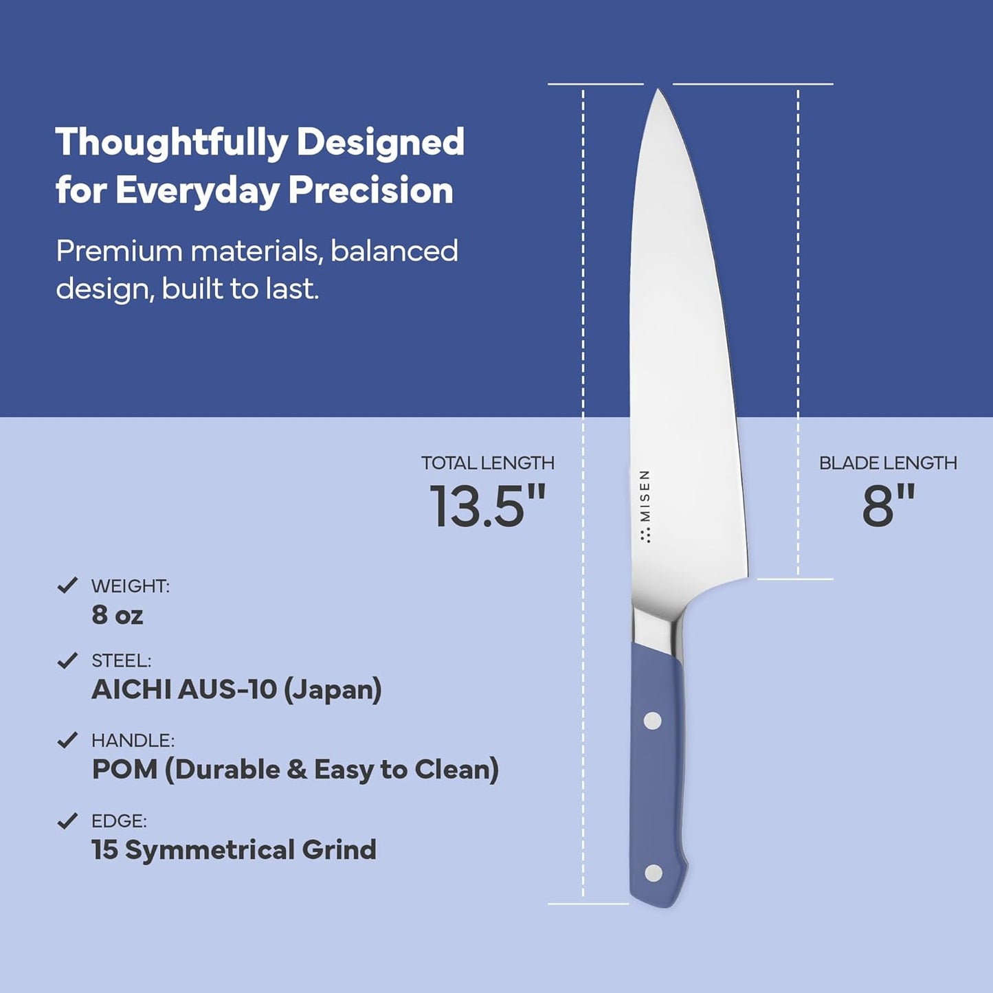 Misen 8" Chef Knife – High Carbon Japanese AUS-10 Stainless Steel – Hybrid German & Japanese Blade – Precision Kitchen Knife for Professionals & Home Cooks – Ultimate Cutting Performance - Green
