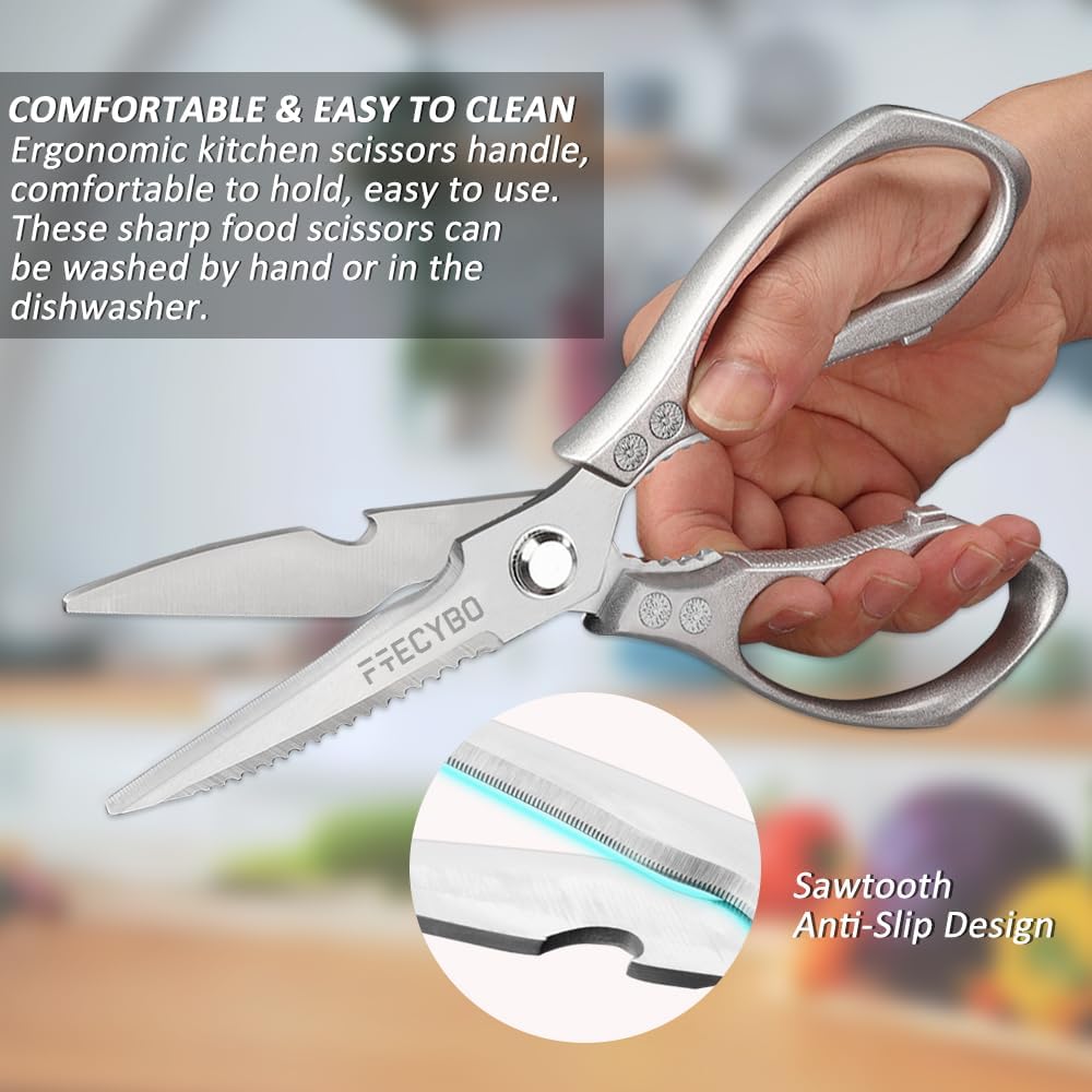 Heavy Duty Food Shears, Multi-Purpose Kitchen Scissors with Sharp Blades, 2-Pack Stainless Steel Food Shears for Kitchen, Poultry, Meat, Fish,Bone (Black)