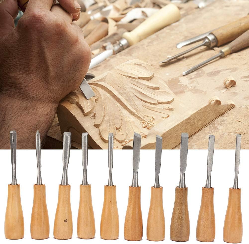 Carving Tools Set, 10Pcs with Wooden Handles in a Wooden Storage Case Carving Knife Chisel Kit Set