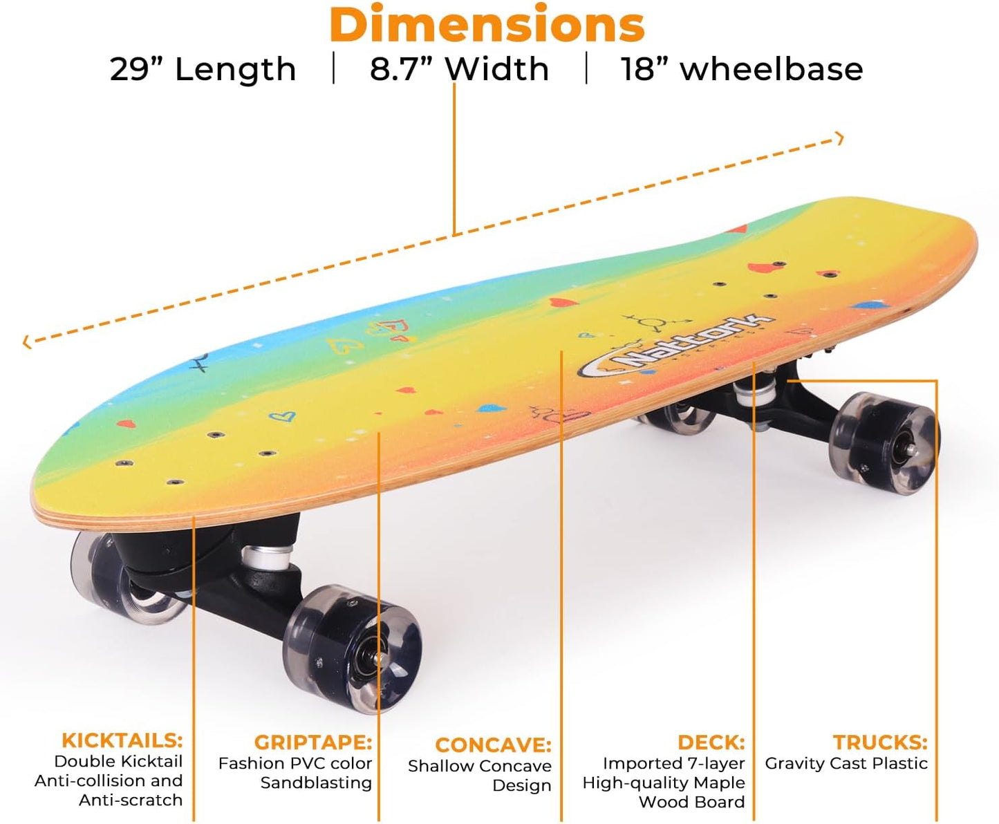 Nattork Complete Kid Skateboards 29" x 9" Youth Cruiser Skateboard for Beginners Double Kick Deck Concave Girls or Boys Skateboard