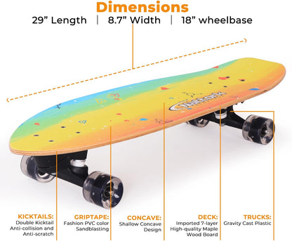 Nattork Complete Kid Skateboards 29" x 9" Youth Cruiser Skateboard for Beginners Double Kick Deck Concave Girls or Boys Skateboard