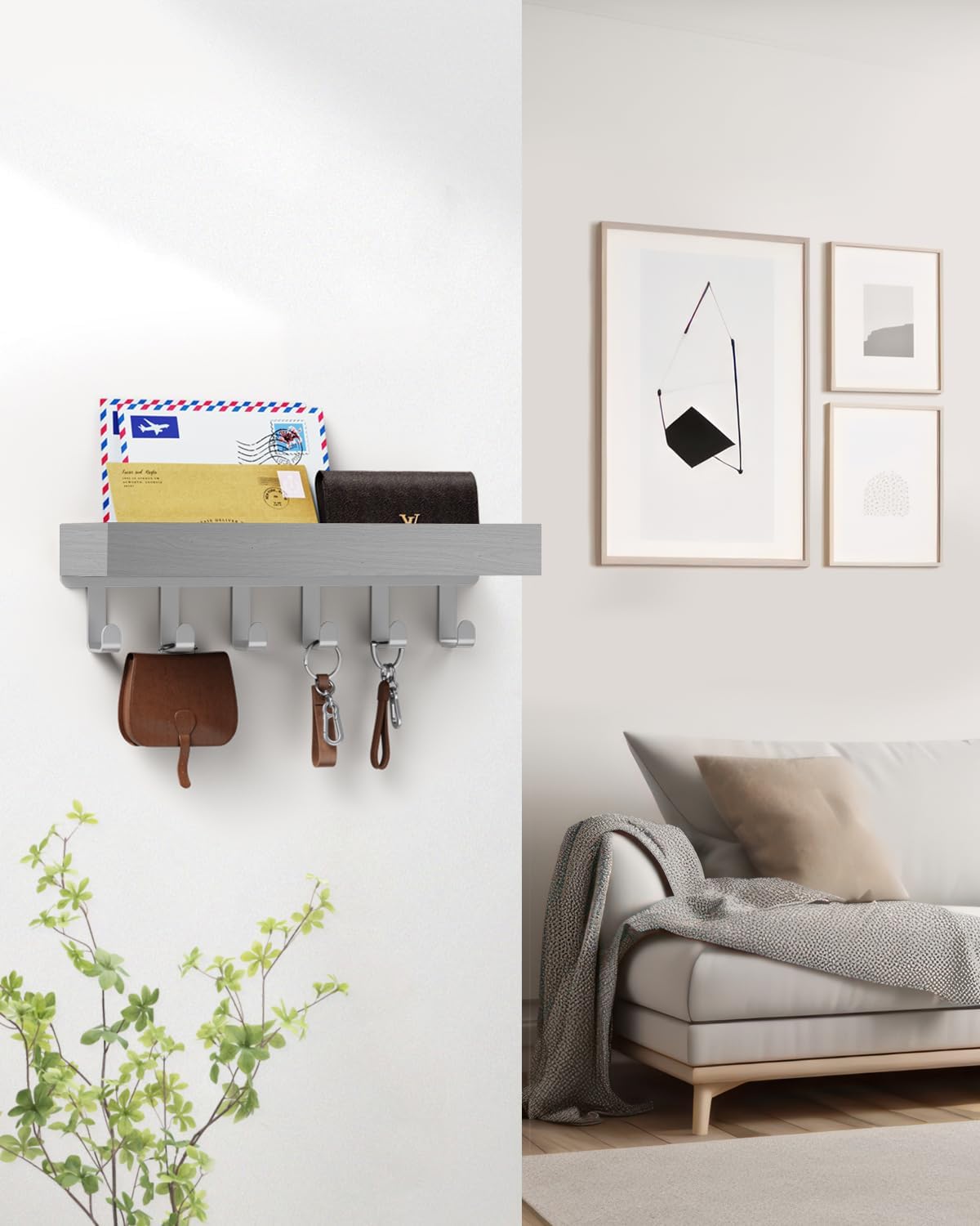 Key Holder Wall Mount Adhesive Magnetic - Hanging Key Hooks with Mail Organizer Tray for Wallet House - Keys Hanger Rack with Shelf for Camper Entryway Door Home Living Room Decor Large Black