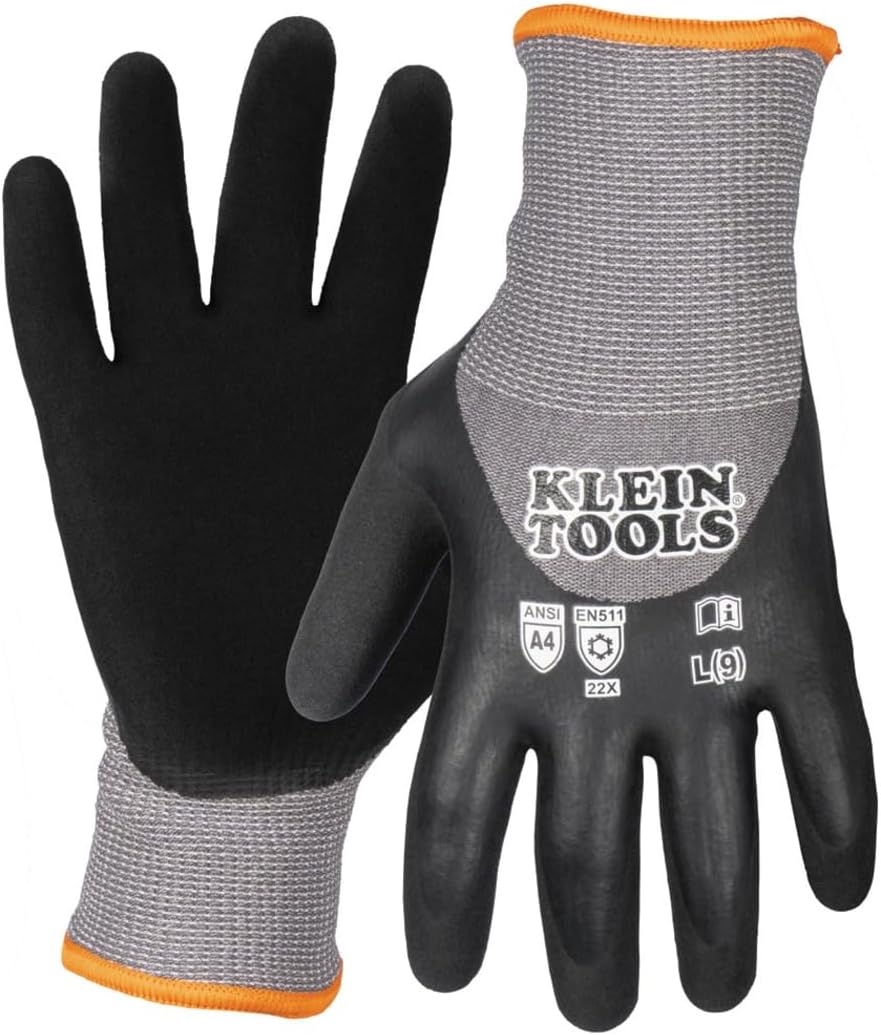 Klein Tools Winter Work Gloves, Knit Dipped ANSI A4 Cut-Resistant, Sandy Latex Coated, Fleece-Lined, Touchscreen Capable
