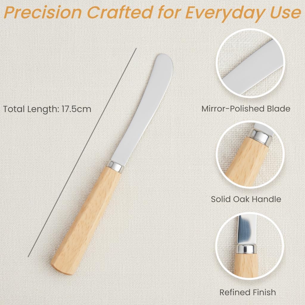 Butter Knife Set of 2 – Oak Wood Handle 17cm Stainless Steel Butter Knives for Spreading Butter, Jam, Cream Cheese, Soft Cheese – Rustic Wooden Spreader for Toast & Sandwich
