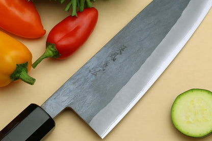Yoshihiro Kurouchi Black-Forged Blue Steel Stainless Clad Santoku Chefs Knife and Petty Utility Knife 2pc Set Ebony Handle (Santoku 165mm / Petty 135mm & Saya Cover)