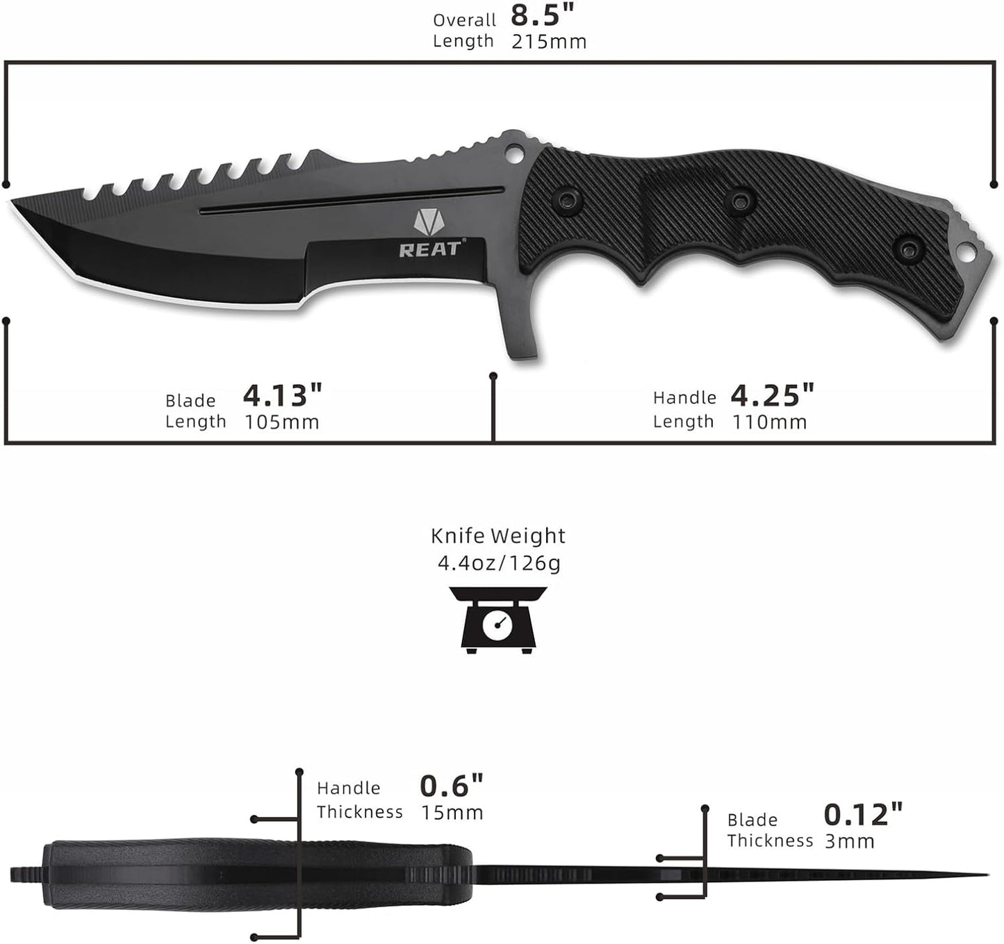 REAT Fixed Blade Knife with Sheath, 4.1" 440C Steel Blade with Full Tang Design,Ergonomic ABS Plastic Handle, EDC Sharp Hunting Knife,Tactical Knife for Camping,Survival,Bushcraft,Hiking
