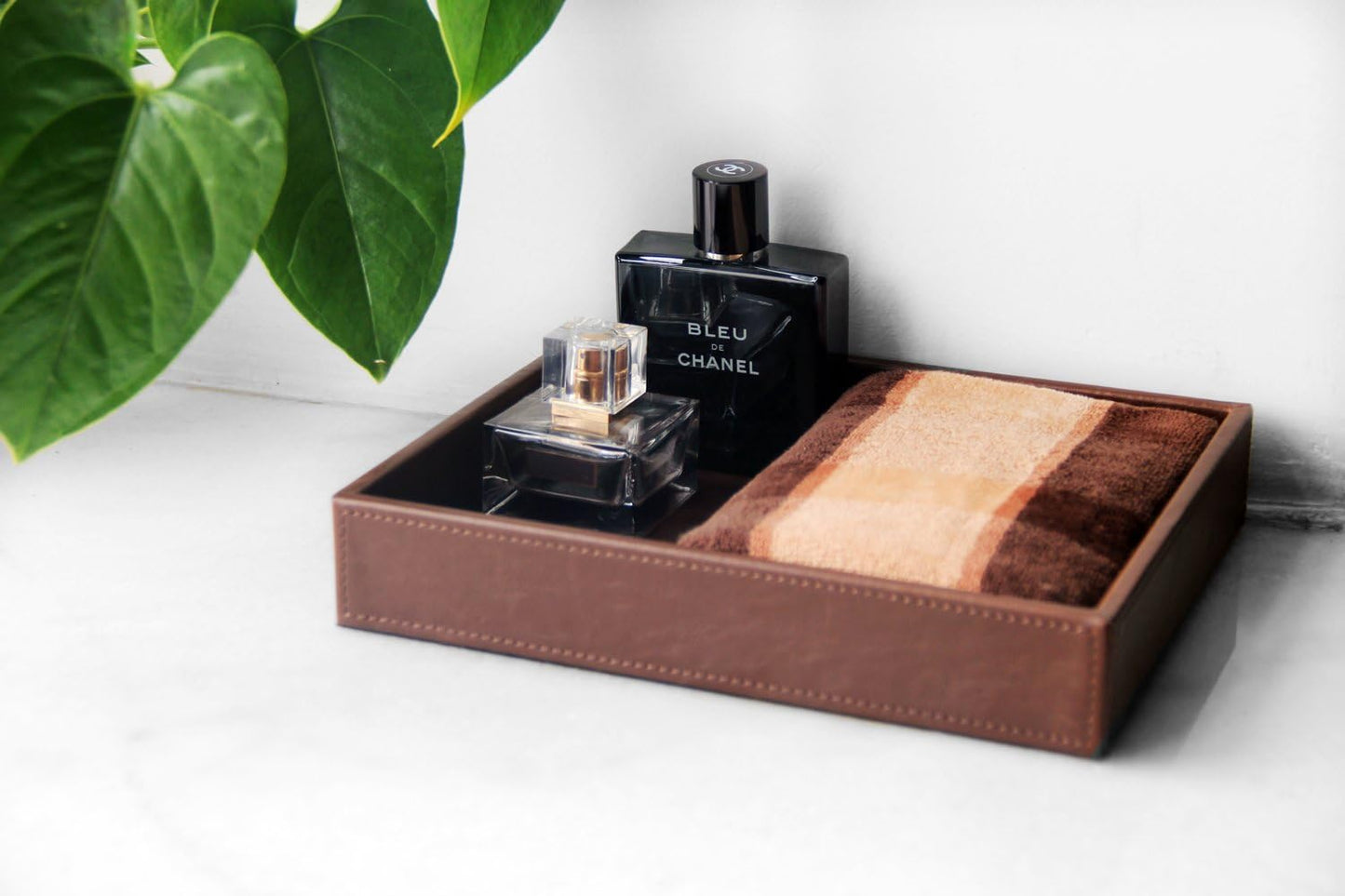 HofferRuffer Faux Leather Vanity Tray, Elegant Desktop Storage Organizer, Decorative Catchall for Perfume, Bathroom Valet, Nightstand or Dresser, 10.2 x 8.4 x 1.8 inches (Grey Stripe)