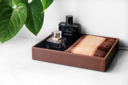 HofferRuffer Faux Leather Vanity Tray, Elegant Desktop Storage Organizer, Decorative Catchall for Perfume, Bathroom Valet, Nightstand or Dresser, 10.2 x 8.4 x 1.8 inches (Grey Stripe)
