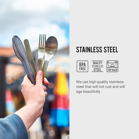 BLACK + BLUM Nesting Cutlery Set 3 Piece Stainless Steel Compact Travel Cutlery Set (Knife, Fork, and Spoon) Portable Tableware with Snap Shut Case, Silver