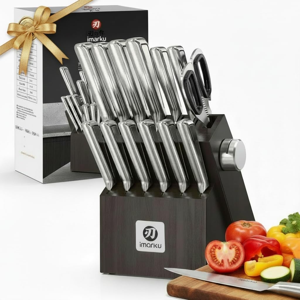 imarku 14-Piece Purple Knife Set with Block – Glides Through Meat, Fish, Veggies & Bread – Standout Color for Stylish Kitchens – Built-in Sharpener – Elegant Gift for Mom, Wife, and Yourself