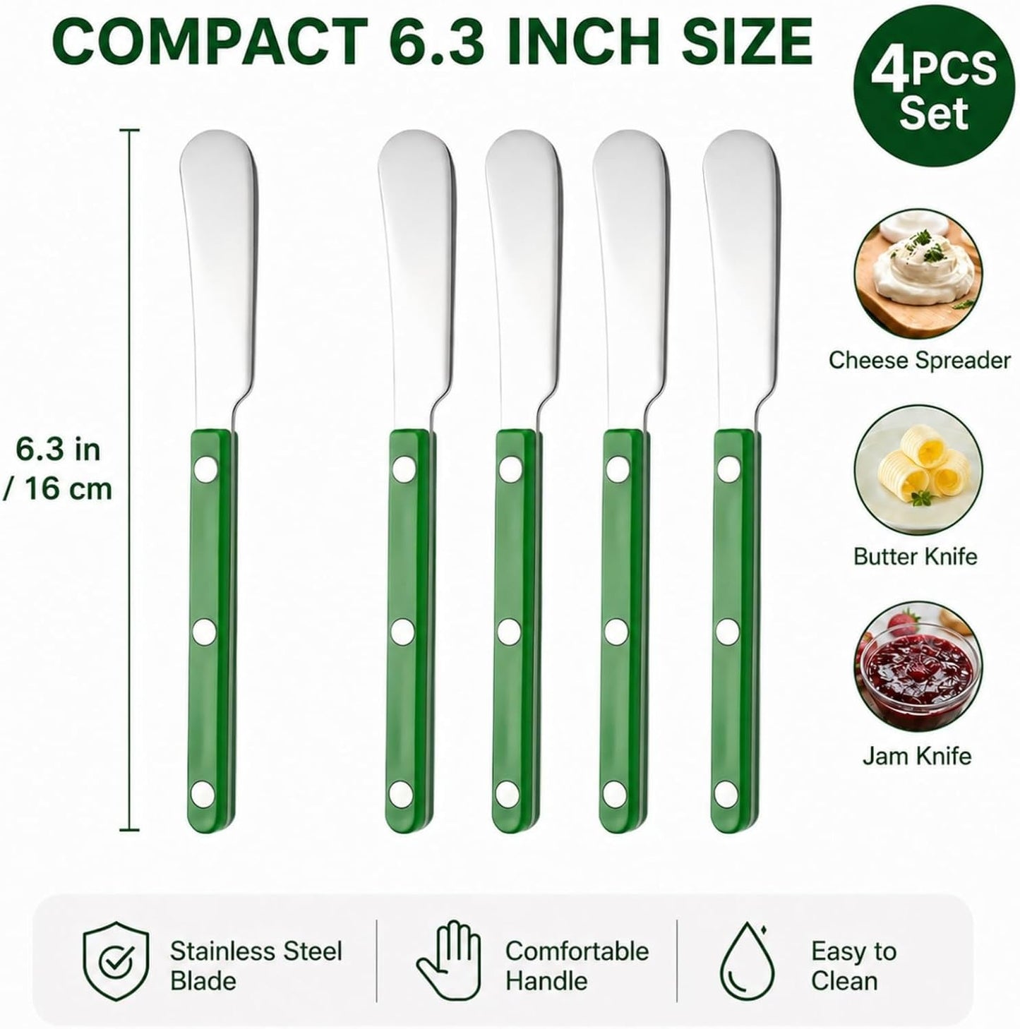 4PCS Stainless Steel Butter Knives Set: 6.3 Inch Cheese Spreader 304 Stainless Steel with Ergonomic Handle for Cheese, Butter & Jam (green)
