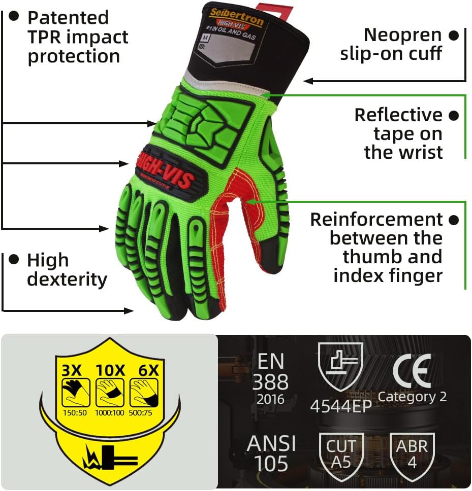 Seibertron High-Vis Series Cut Resistant Reducing Anti-Impact Mechanics Heavy Duty Safety Rescue Oil and Gas Gloves