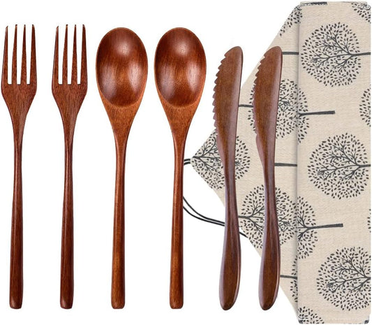 Wooden Spoon Fork Knife Eating Flatware Set Portable Utensil Set with Case, Reusable Wooden Cutlery Travel Utensils Set, 2 Spoons and 2 Forks and 2 Knives (Color 2)