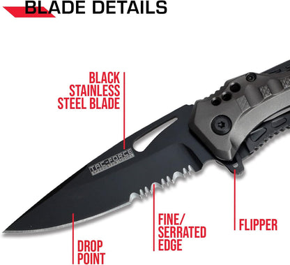 Tac-Force Folding Pocket Knife, 3.25-inch Serrated Blade, Orange Aluminum Handle, 7.75-inch Overall Length TF-705EM