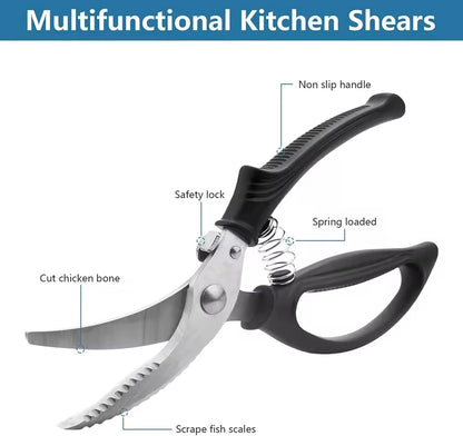 Heavy Duty Kitchen Chicken Scissors,Stainless Steel Multipurpose Kitchen Spring Loaded Meat Shears Poultry Shears with Anti-Slip Handle,Easier Cutting Fish Meat Bone Chicken (BLACK)
