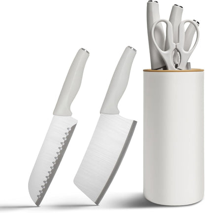 Small Knife Block Set, Modern Kitchen Knife Scissors with Universal Round Holder, Home Apartment New Kitchen Essentials, Space Saving, Dishwasher Safe(Black, 7PCS)