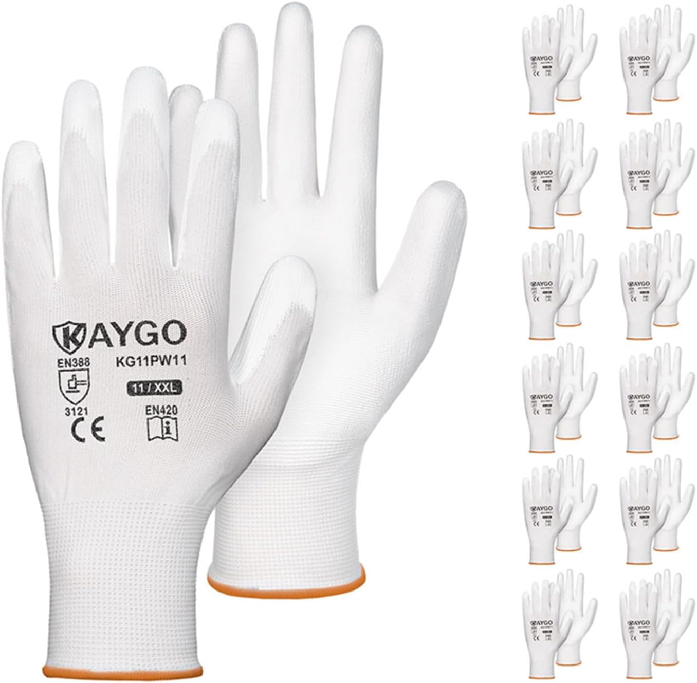KAYGO Work Gloves for Men and Women,12 Pairs Seamless Knit PU Coated Safety Gloves, with Smooth Grip on Palm and Fingers, Ideal for Light Warehouse, Manufacturing, Gardening, KG11P (M, Black)