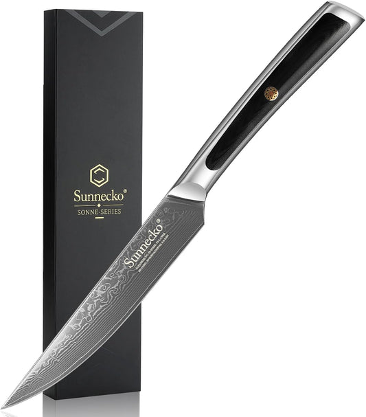 Sunnecko Damascus Steak Knife Set Non Serrated, Japanese VG10 Stainless Steel Steak Knife and Fork Set of 2, 5 Inch Steak Knives G10 Handle with Gift Box