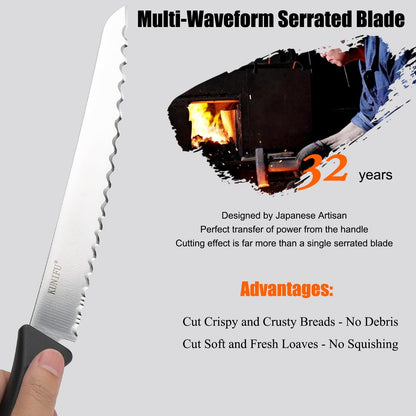 KUNIFU Bread Knife 9 Inch, Serrated Bread Slicing Knife with 5 Serration Types, Ultra Sharp High-Carbon Stainless Steel, Full Tang, Ergonomic Non-Slip Handle for Bread, Bagels, Cakes & Pastries