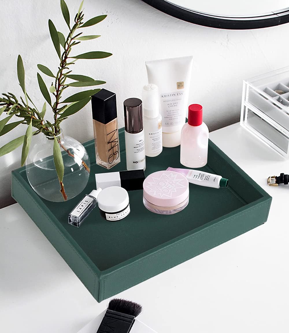 HofferRuffer Faux Leather Vanity Tray, Elegant Desktop Storage Organizer, Decorative Catchall for Perfume, Bathroom Valet, Nightstand or Dresser, 10.2 x 8.4 x 1.8 inches (Grey Stripe)