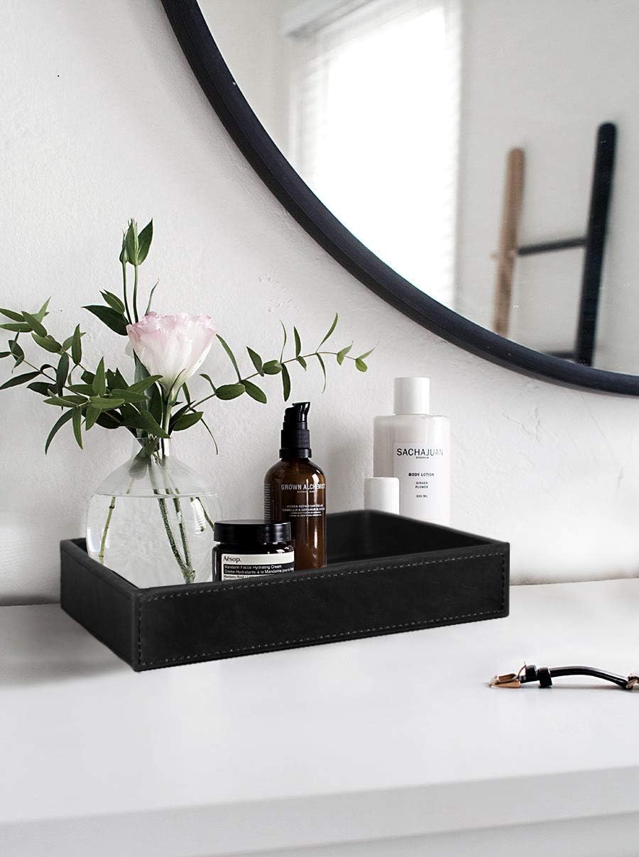 HofferRuffer Faux Leather Vanity Tray, Elegant Desktop Storage Organizer, Decorative Catchall for Perfume, Bathroom Valet, Nightstand or Dresser, 10.2 x 8.4 x 1.8 inches (Grey Stripe)