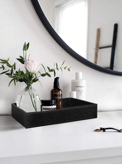HofferRuffer Faux Leather Vanity Tray, Elegant Desktop Storage Organizer, Decorative Catchall for Perfume, Bathroom Valet, Nightstand or Dresser, 10.2 x 8.4 x 1.8 inches (Grey Stripe)