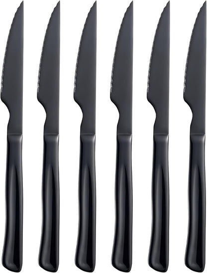 Black Steak Knife Set, 6 Piece Stainless Steel Kitchen Knife Set & Kitchen Utility Knives, 8.7 Inch Serrated Steak Knives, Dinner Knives, Sharp Knife with Ergonomic Handles