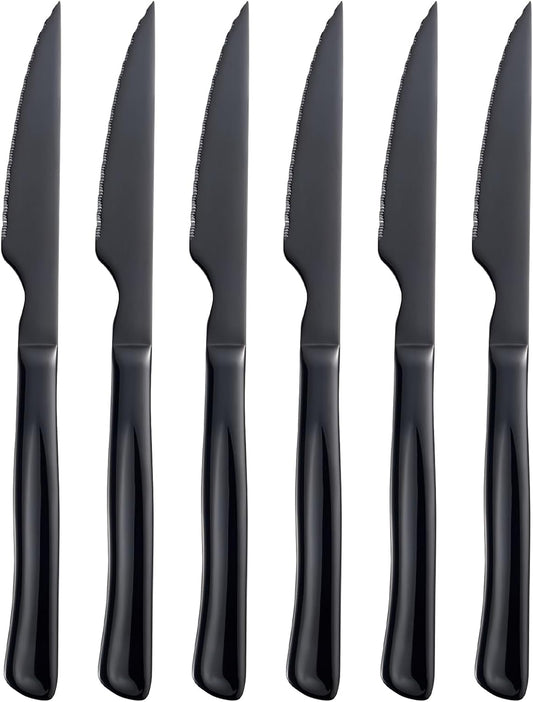 Black Steak Knife Set, 6 Piece Stainless Steel Kitchen Knife Set & Kitchen Utility Knives, 8.7 Inch Serrated Steak Knives, Dinner Knives, Sharp Knife with Ergonomic Handles