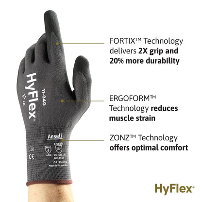 HyFlex 11-840 Ergonomic Abrasion-Resistant Nitrile Foam Industrial Gloves for Automotive, Fabrication, EMS, Utilities - Size 9, Black (12 Pairs)