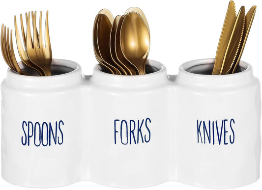 Ceramic Kitchen Utensil Holder for Countertop, White Caddy Organizer Silverware Holder Flatware Cutlery Storage Organizer with 3 Compartments for Forks, Spoons, Knives