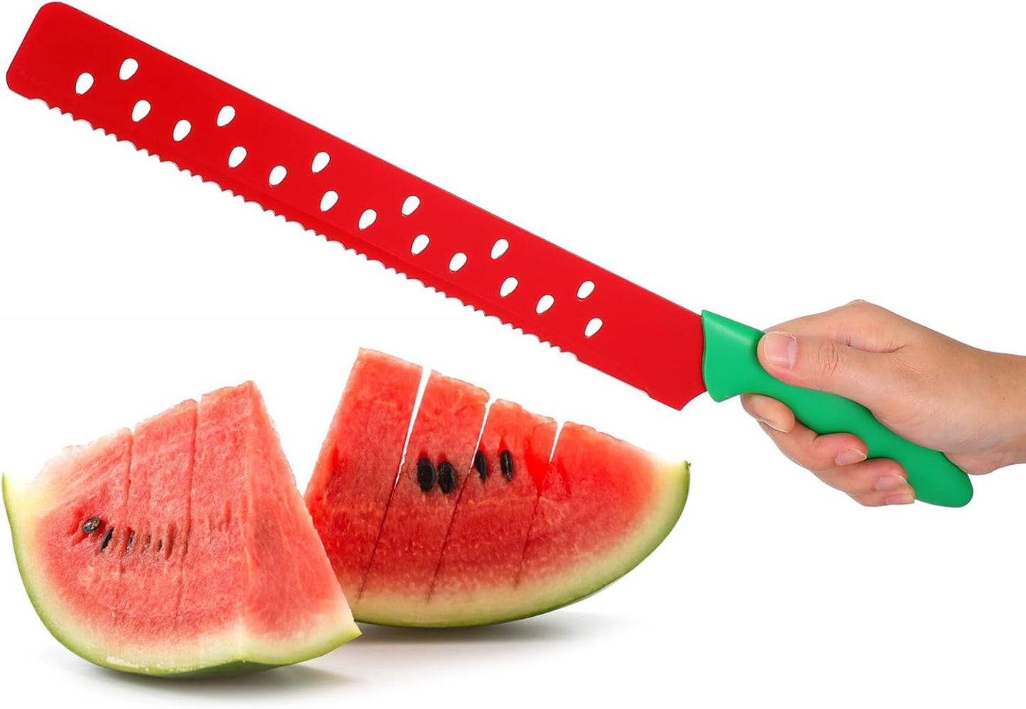 17 Inch Long Watermelon Knife with Protective Sleeve, Serrated Stainless Steel Fruit Slicer, Ergonomic Handle Cutter for Melon, Bread, Cake, Outdoor BBQ & Picnic