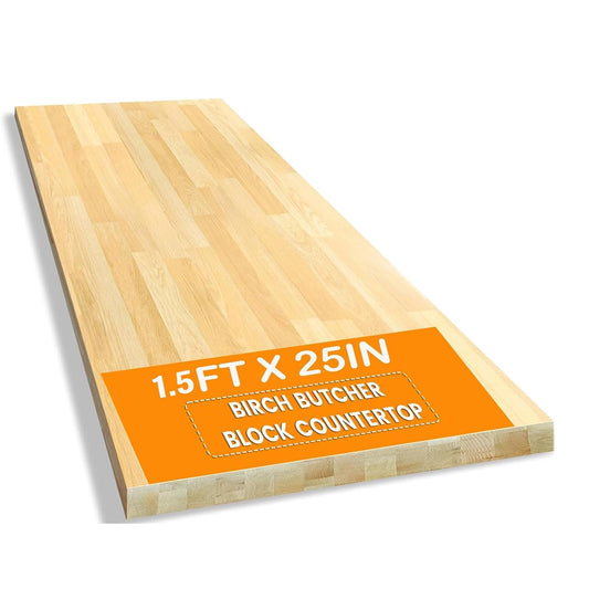 18"x25" Butcher Block Countertop Island, 1.5FT Unfinished Solid Birch Wood DIY Countertop, Durable Counter Table Tops for Kitchen Bar, Workshop, Laundry Counters Dining Room Tables 1.5"Thick