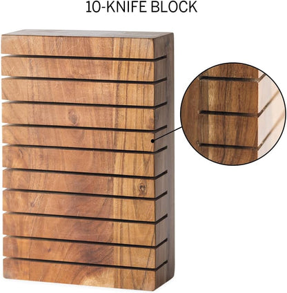Vivaterra Acacia Wood Horizontal 10-Knife Block, 7”L x 3”W x 10.75”H, 10 Slot Kitchen Knife Holder, Universal Knife Block, Wooden Knife Holder for Kitchen Counter