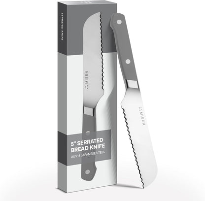 Misen Serrated Bread Knife - High-Carbon Japanese AUS8 Steel - Perfect for Soft Foods, Bread, Pastries, and Fruits - Verstatile Slicer, Razor-Sharp Edge, Durable Blade, Ergonomic Handle - 5", Blue
