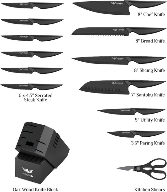 Kitchen Knife Set with Block: 15-Piece High Carbon Stainless Steel Professional Knives - Dishwasher Safe with Sharpener - Comfortable Grip Reduces Hand Fatigue 30% - Black