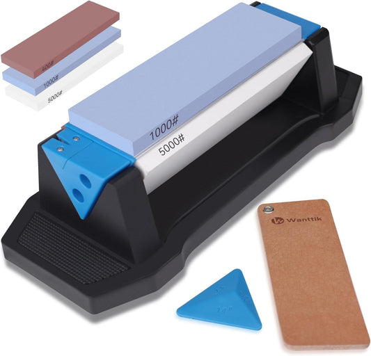 Knife Sharpening Stone,tri stone knife sharpener,3 Sides Grit 400/1000/5000,Whetstone Knife Sharpener with Non-Slip Base, Angle Guide & Leather Strop, for Kitchen Knives and Pocket Knives