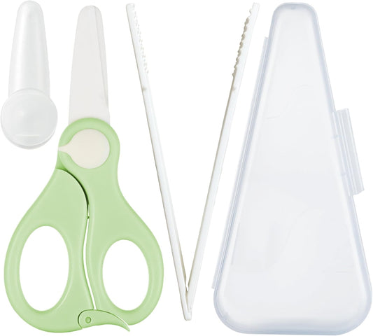 Baby Food Scissors with Travel Case and Tongs Set, Fully Detachable Ceramic Kids Food Scissors with Safety Lock, Dishwasher Safe, Ideal for Noodles, Meats, Vegetables, Pizza and Fruits (A)