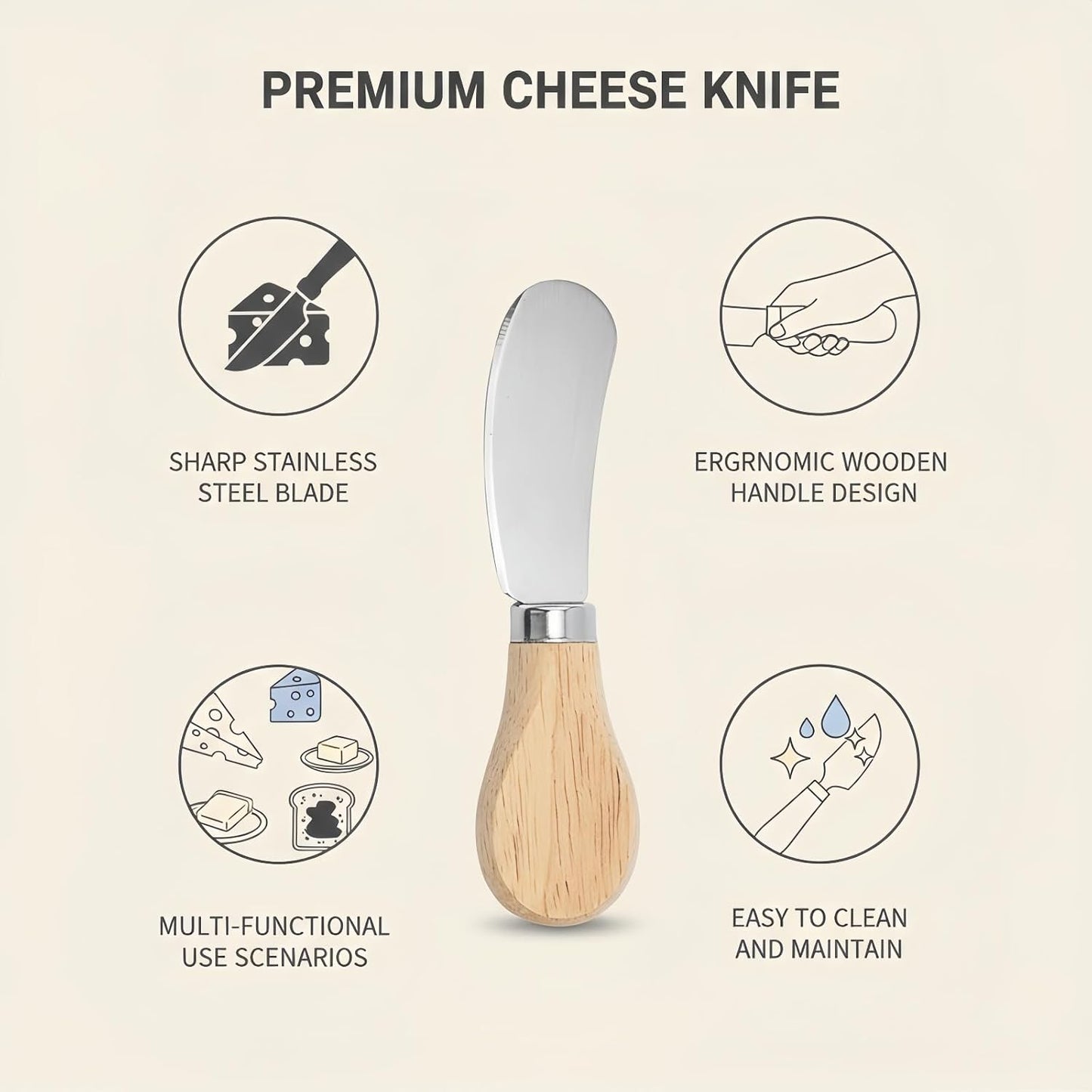 6-Piece Cheese Knife Set, Stainless Steel Butter Knives with Natural Wood Handles for Charcuterie Boards & Party Platters; Small Spreaders for Soft Cheese, Jam, Appetizers; Kitchen Utensils