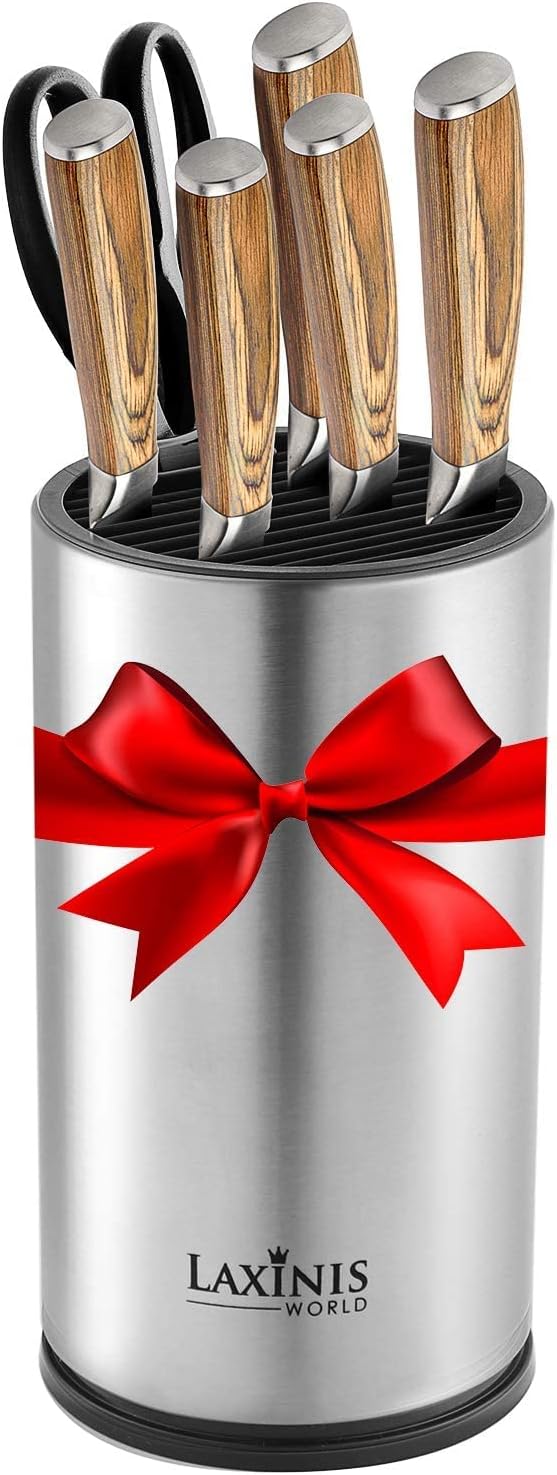 Laxinis World Universal Knife Block, Stainless Steel Round Knife Holder with Scissors-Slot, Counter-top Storage, Holds 12 8.5”-Blade Knives, 9” by 4.5” (knives not included)