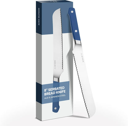 Misen Serrated Bread Knife - High-Carbon Japanese AUS8 Steel - Perfect for Soft Foods, Bread, Pastries, and Fruits - Verstatile Slicer, Razor-Sharp Edge, Durable Blade, Ergonomic Handle - 5", Blue