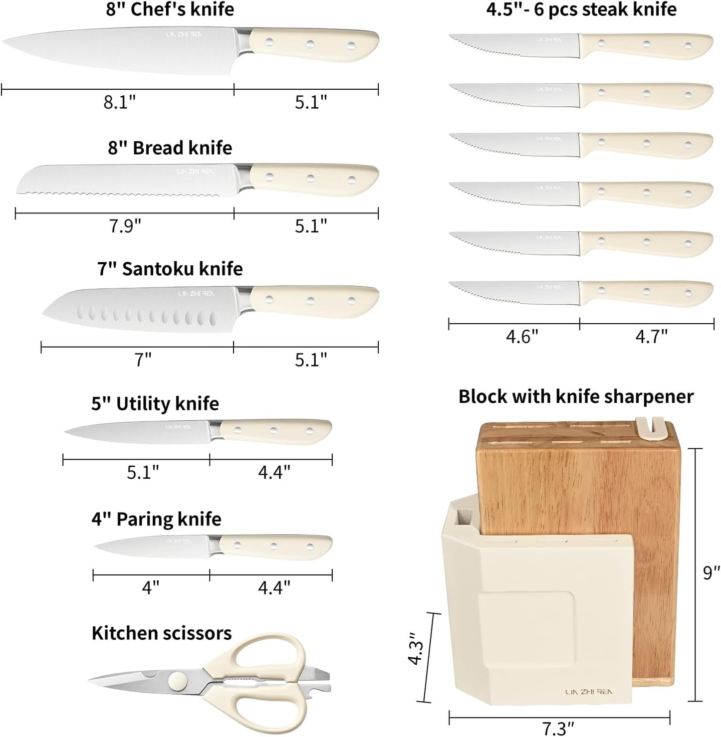 13 Piece Knife Set，Kitchen Knife Block Set，White stainless steel knife set with sharpener for Chopping, Slicing, Dicing & Cutting，Dishwasher safe