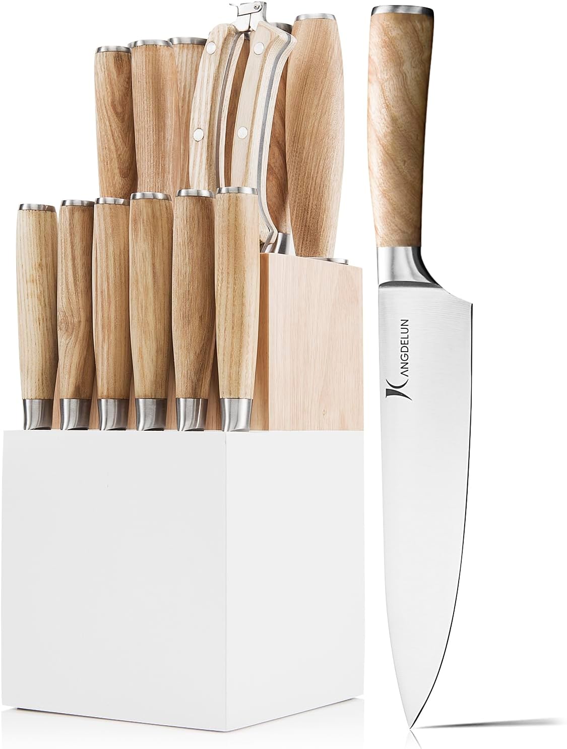 Kangdelun Ultra Sharp 15-Piece Kitchen Knife Set, High Carbon Stainless Steel Blades, Torrefied Brown Wood Handles, Ergonomic Design, Space-Saving Black-Finished Wood Block, Easy Hand Wash, Gift Box