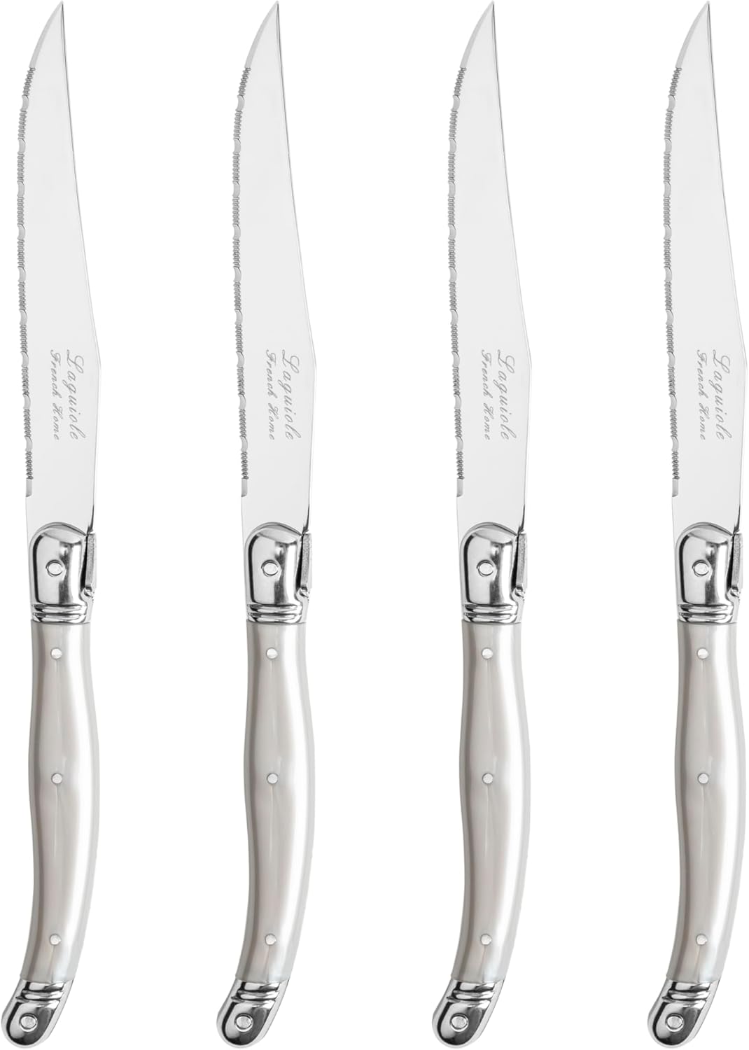 French Home Laguiole 4-Piece Steak Knife Set – Sophisticated Stainless Steel Dinner Knives with Navy Blue Handles & Iconic Bee Emblem – Serrated Knives for Smooth Cutting (9.25")