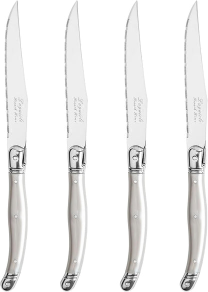 French Home Laguiole 4-Piece Steak Knife Set – Sophisticated Stainless Steel Dinner Knives with Navy Blue Handles & Iconic Bee Emblem – Serrated Knives for Smooth Cutting (9.25")