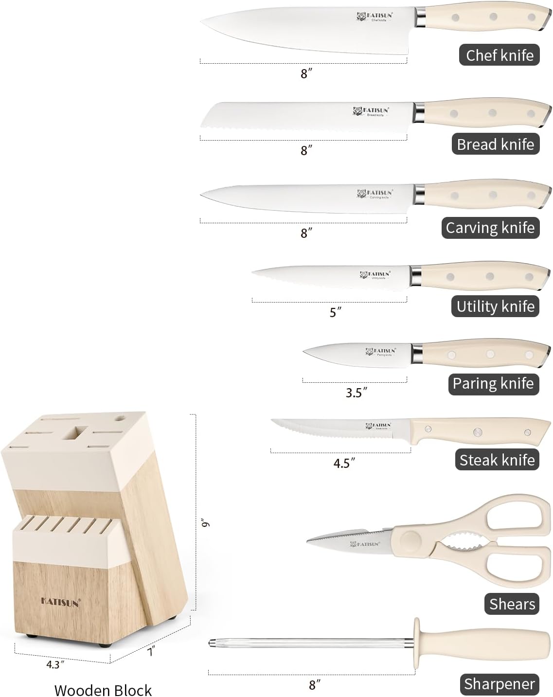 15-Piece White Kitchen Knife Set with Built-in Sharpening Stone, Ergonomic Triple Rivet Fixed Handles, Dishwasher Safe