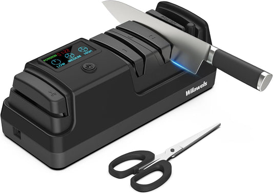 Electric Knife Sharpener, 5-in-1, 3 Rotational Speed Adjustable Electric Knife Sharpener for Straight/Serrated/Ceramic Knives, Scissors, Chef Knives, Axes, Grey H01KS06